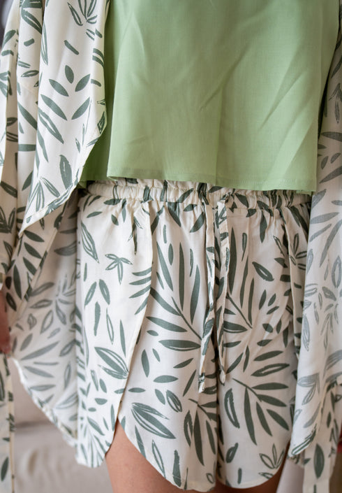 Women summer 3 piece pajama set Mint Top + Green Leaves kimono & Short
